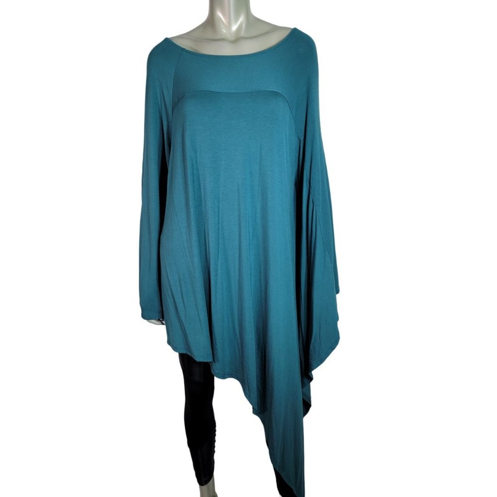 Roaman's Tunic Top Plus Size 22/24 Boat Neck Asymmetric‎ Long Hem Stretch Green